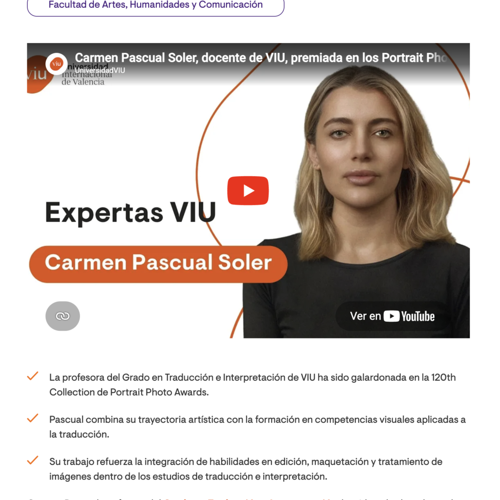 Carmen Pascual, docente de VIU, reconocida en los Portrait Photo Awards por su excelencia en fotografía de retrato